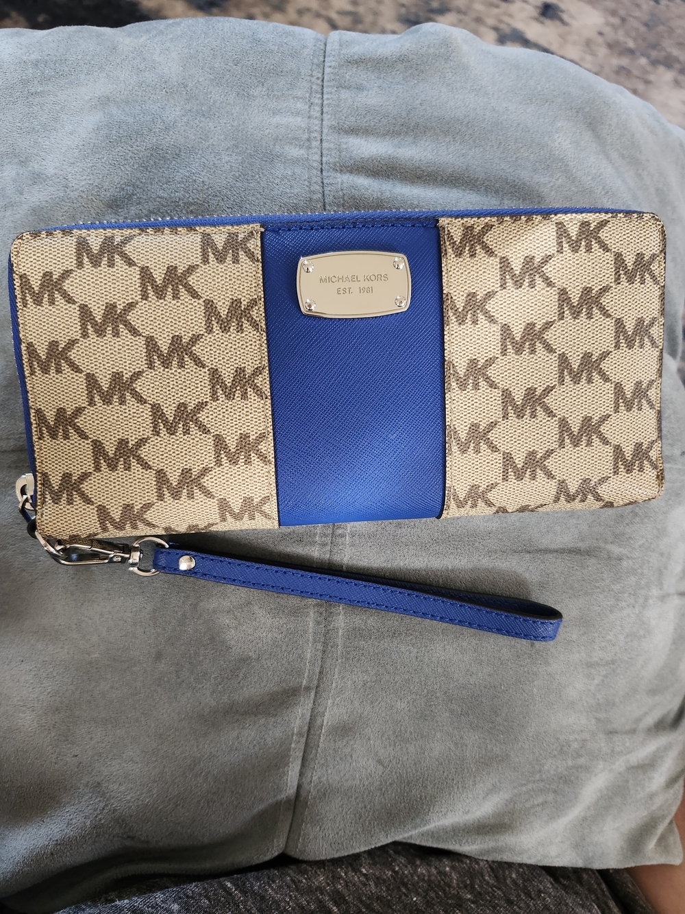 Michael Kors Beige Monogram Wristlet with Blue Center Panel